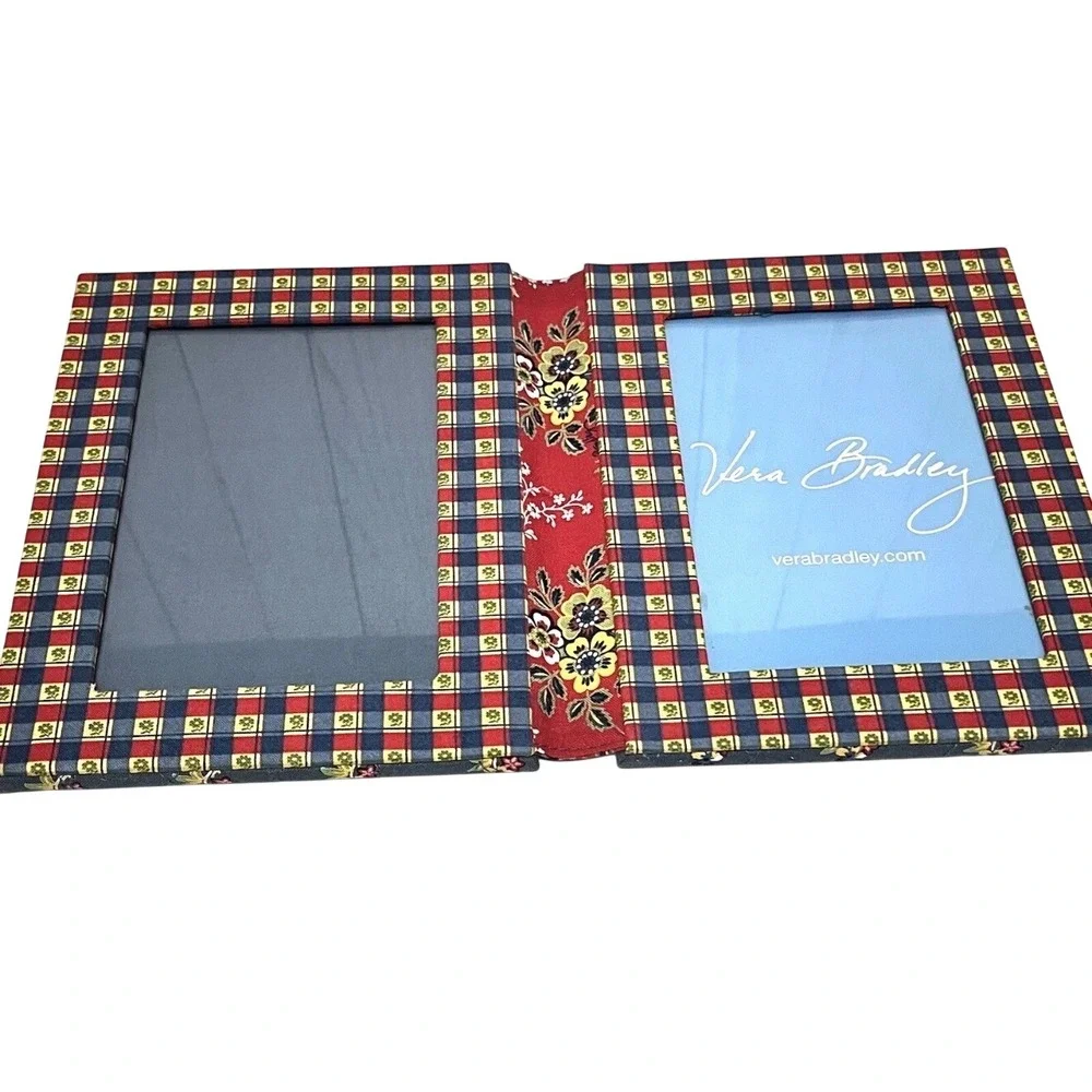Vera Bradley Vtg Quilted Fabric Double‎ Picture Frame Navy Floral Plaid Folding